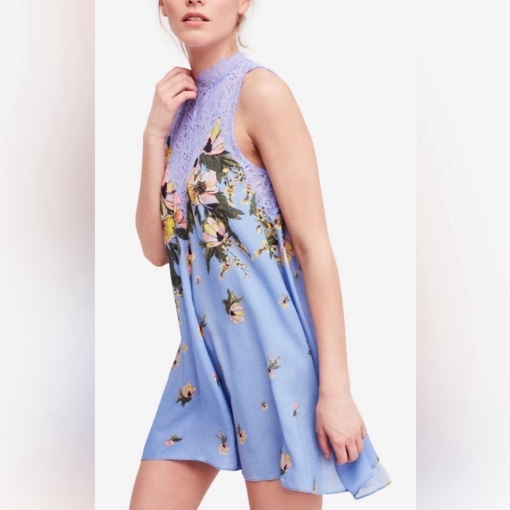 Free People Intimately Day Dream Floral Lace Mini Dress Blue Sz S Feminine Boho